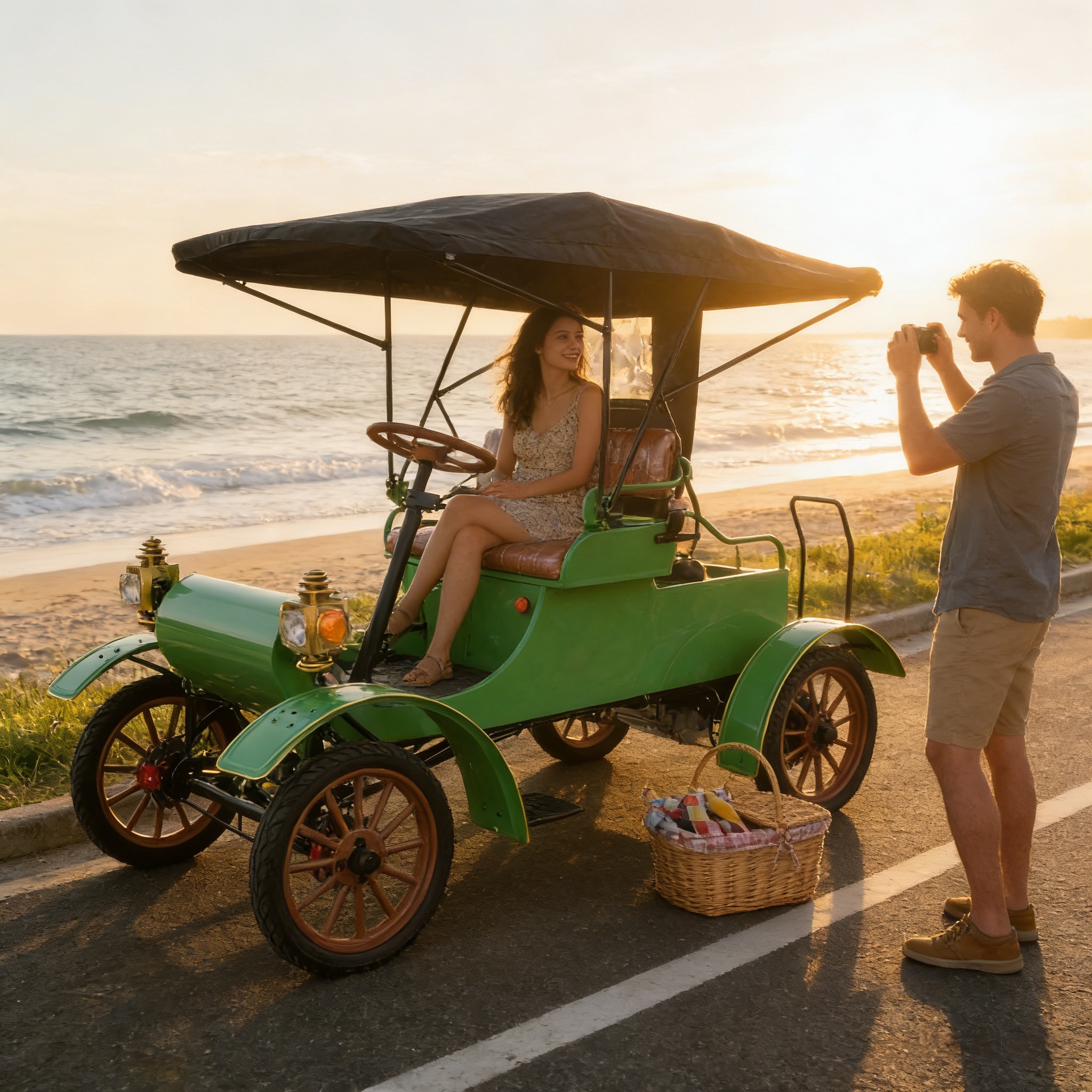 Coche antiguo el&eacute;ctrico retro verde - Escena de fotograf&iacute;a de pareja costera (con elemento de cesta de picnic)
