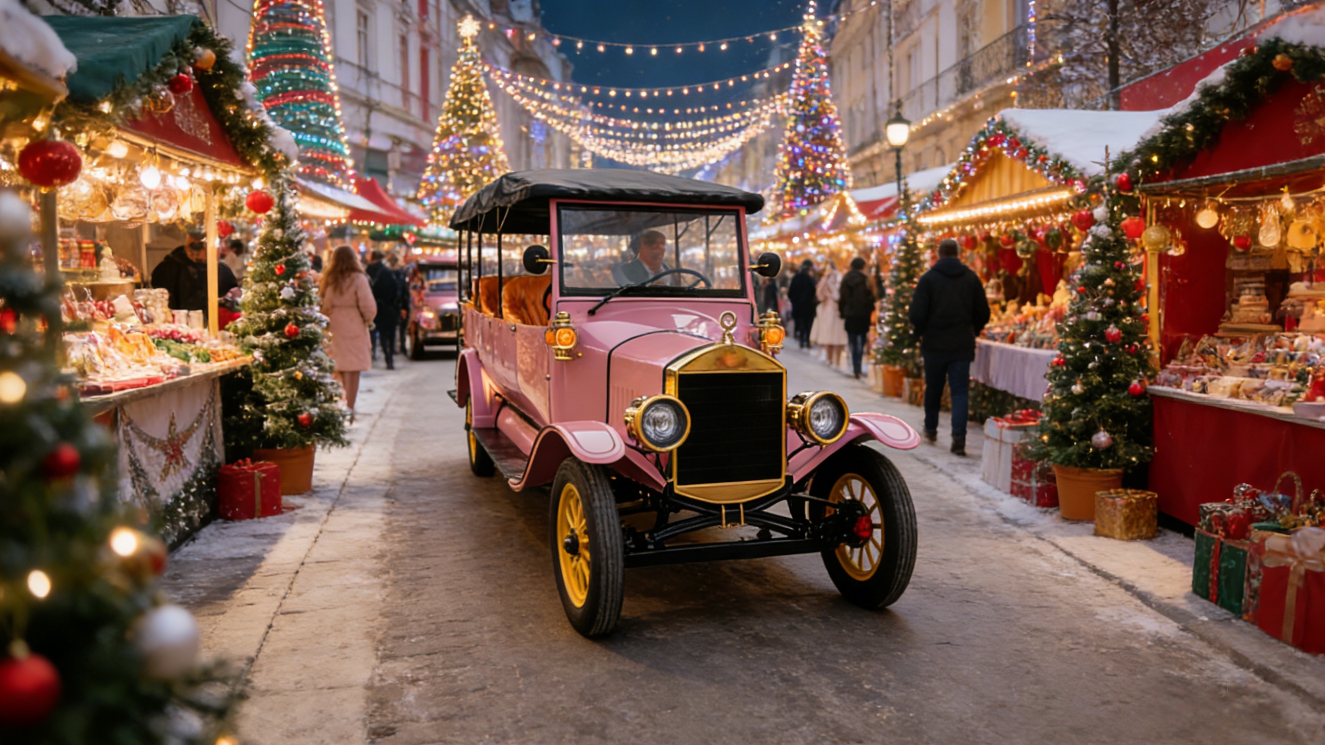 YATIAN LY11N Coche tur&iacute;stico el&eacute;ctrico vintage rosa y dorado personalizado de 11 asientos en el mercado navide&ntilde;o europeo