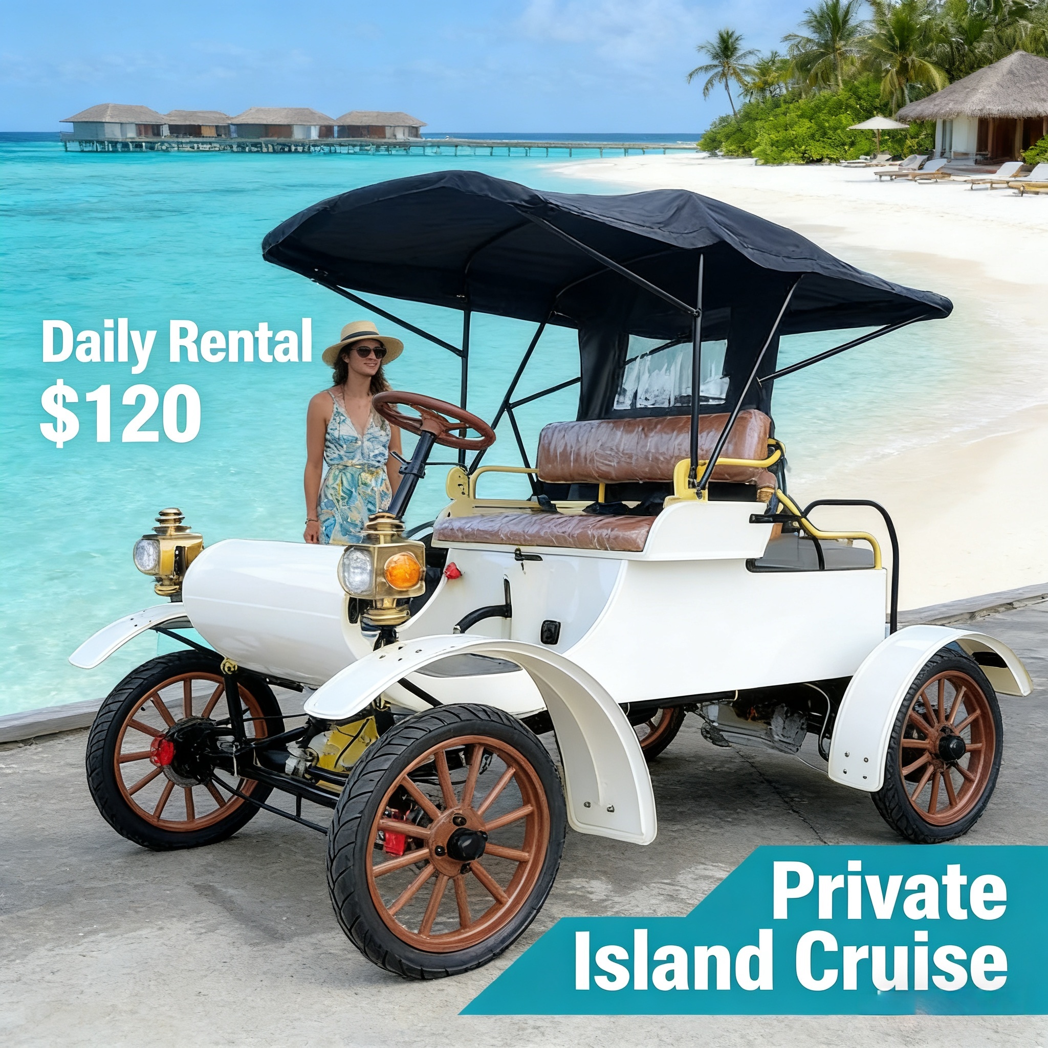 Auto el&eacute;ctrico antiguo blanco personalizable para crucero privado por una isla (alquiler diario $120)