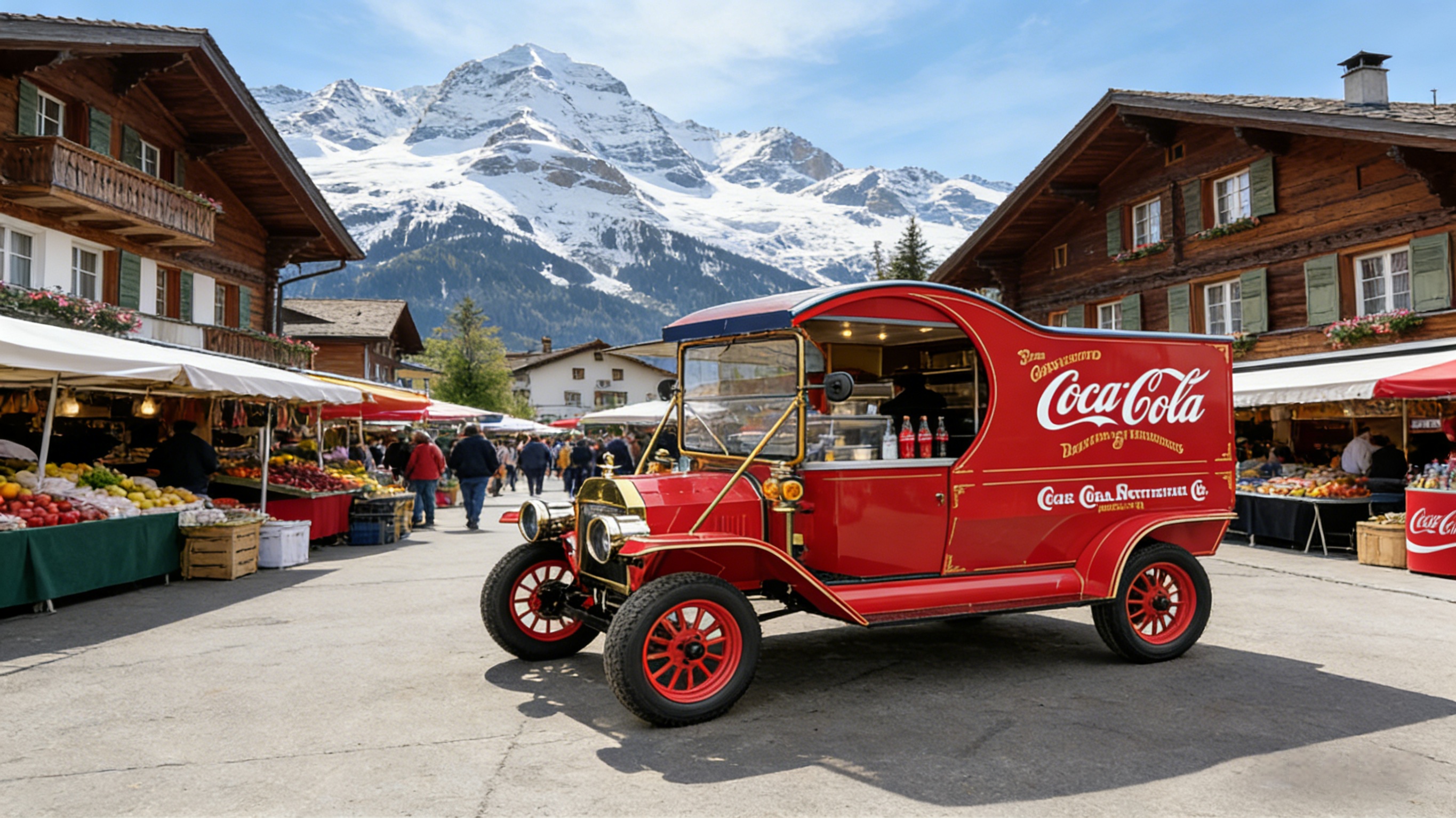 YATIAN Vintage Electric Coca-Cola Truck en un mercado de pueblo alpino suizo con monta&ntilde;as nevadas en el fondo