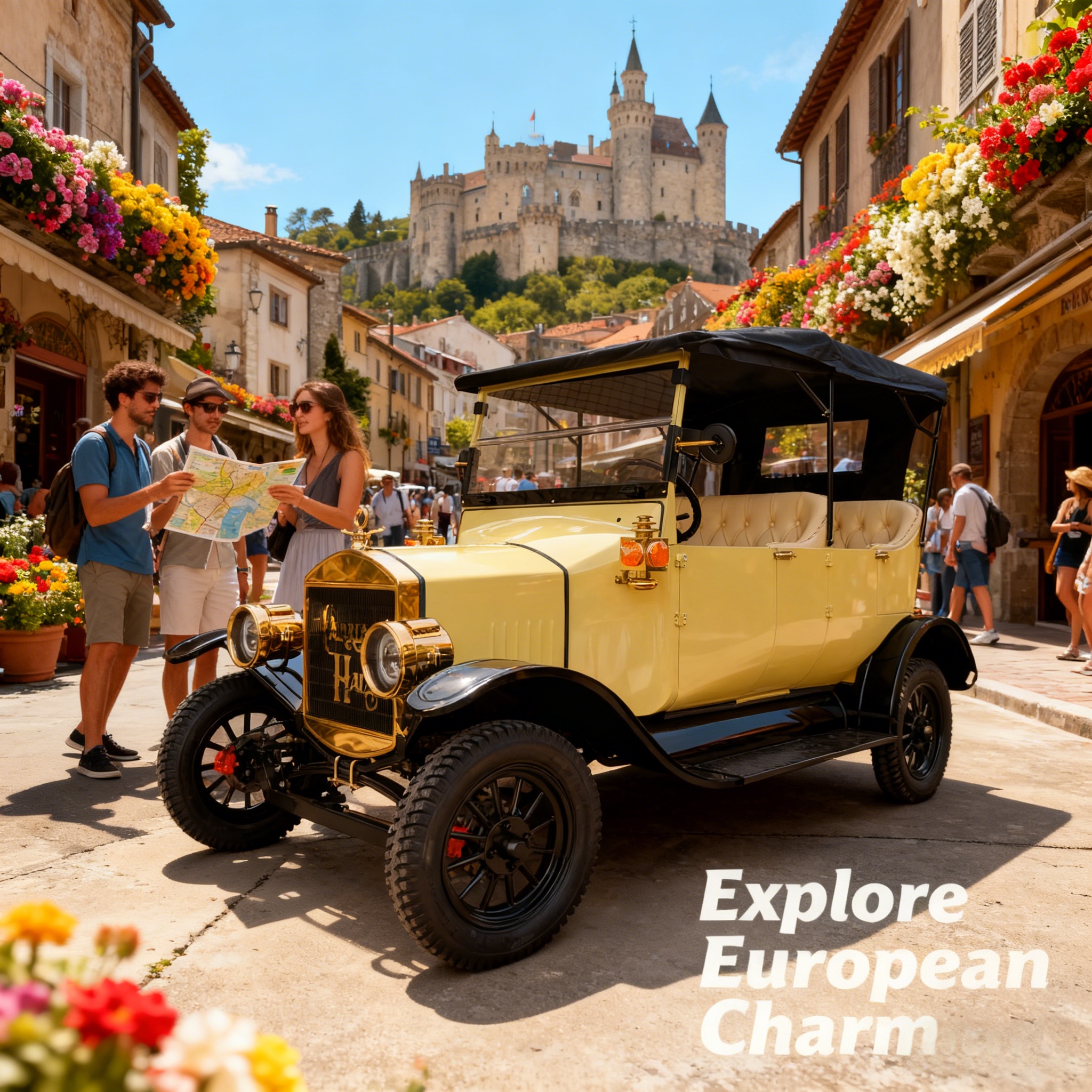Coche tur&iacute;stico el&eacute;ctrico retro rojo Yatian: a juego con el paisaje azul y blanco del mar Egeo de Santorini