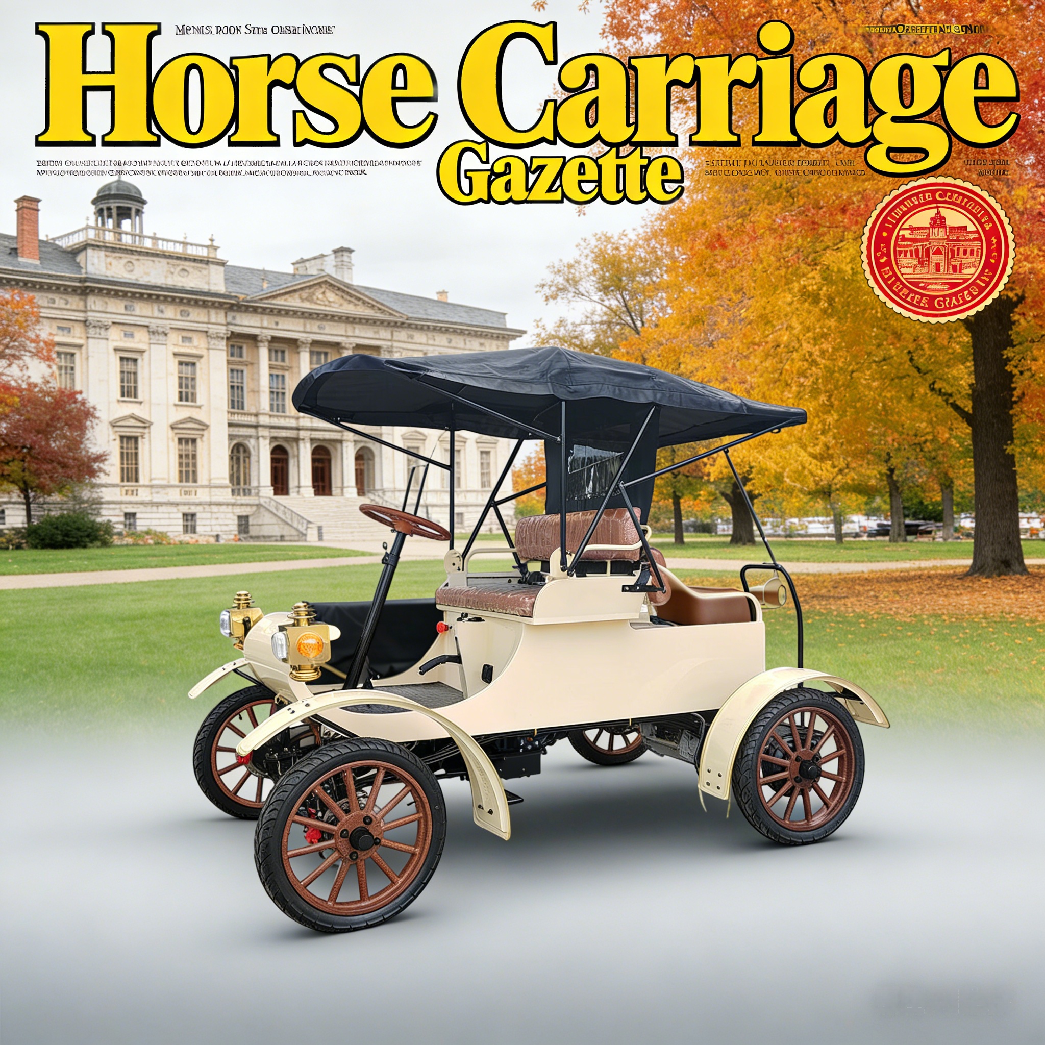 Coche antiguo el&eacute;ctrico retro blanco - escena de portada de revista 'Horse Carriage Gazette' (en el jard&iacute;n de oto&ntilde;o)