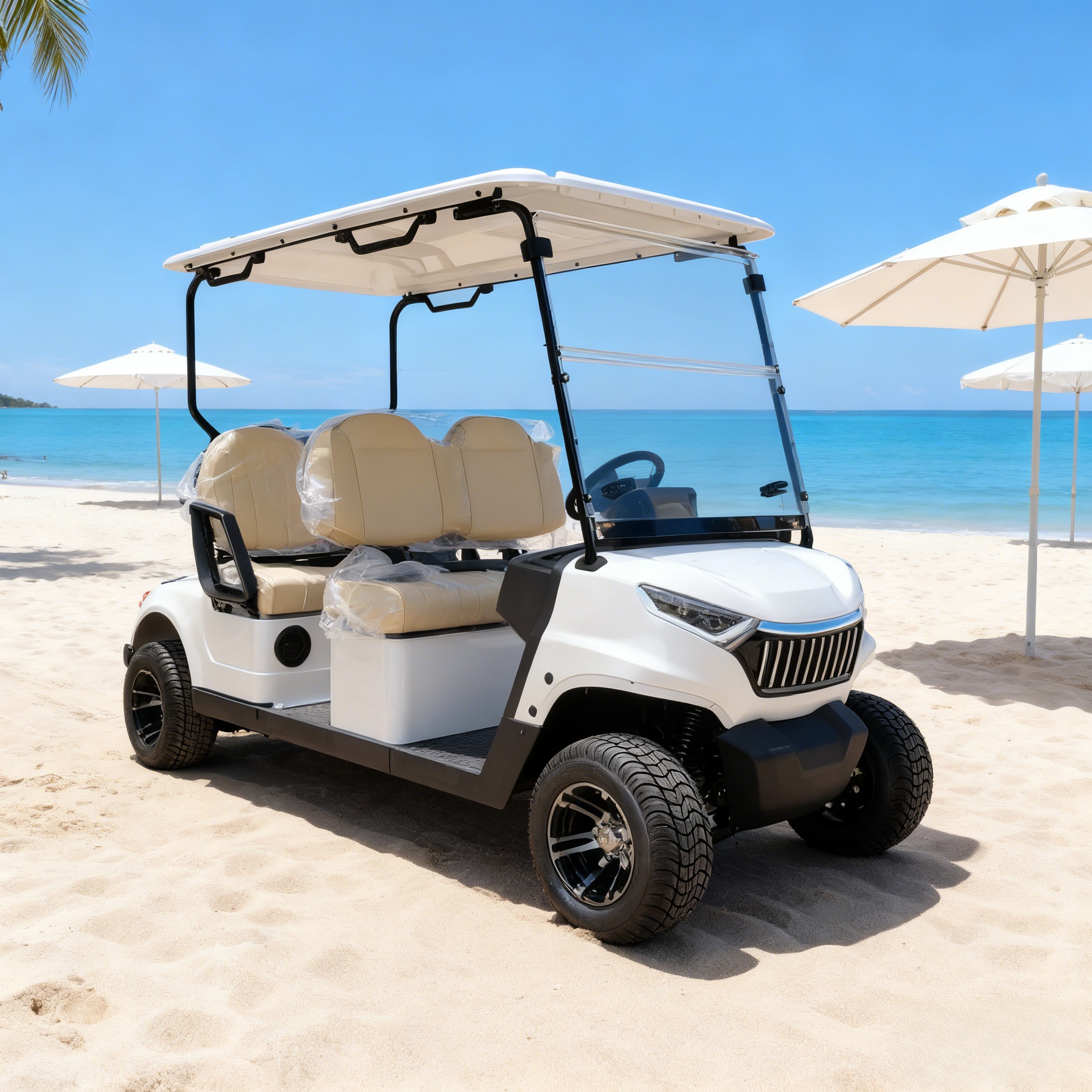 Carro de golf el&eacute;ctrico blanco de 4 asientos en una playa de arena con un fondo de resort costero, perfecto para traslados de vacaciones en la playa