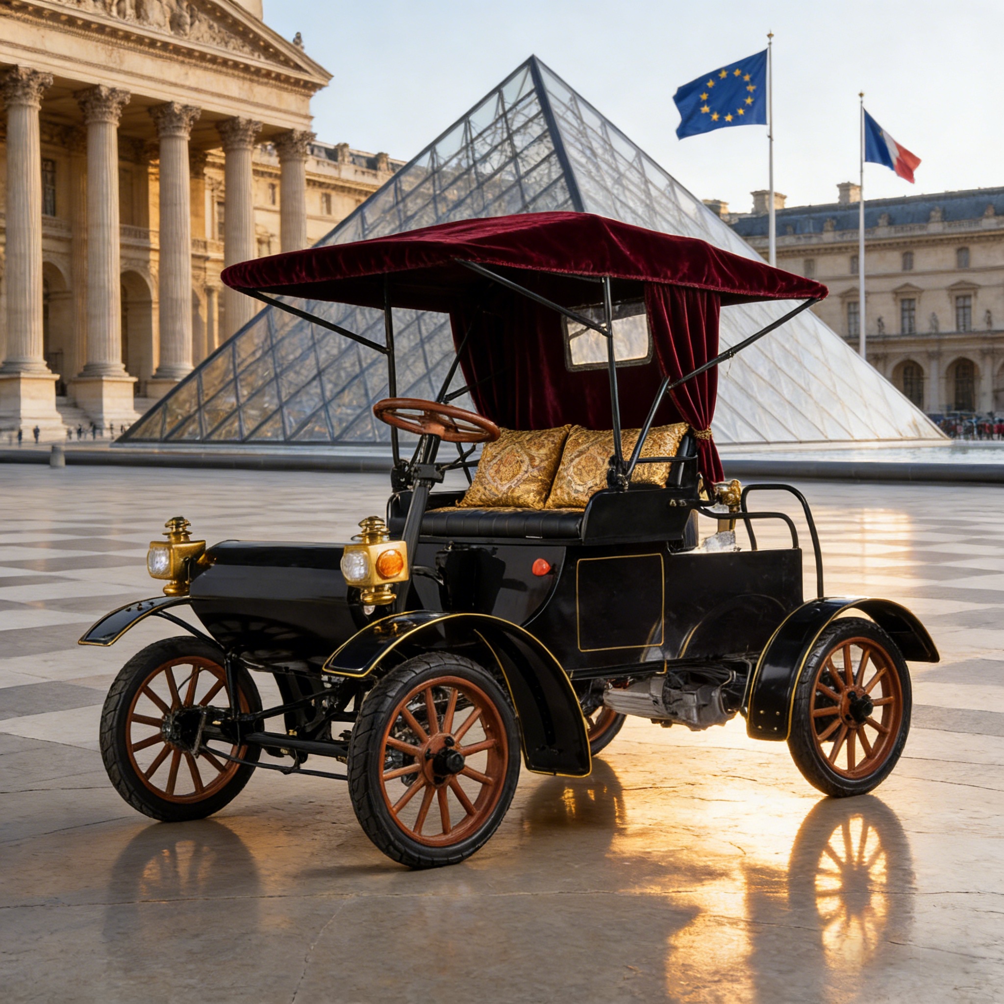 Coche el&eacute;ctrico vintage real negro: escenario de turismo cultural de alto nivel frente al Louvre (con decoraci&oacute;n de dosel de terciopelo rojo)