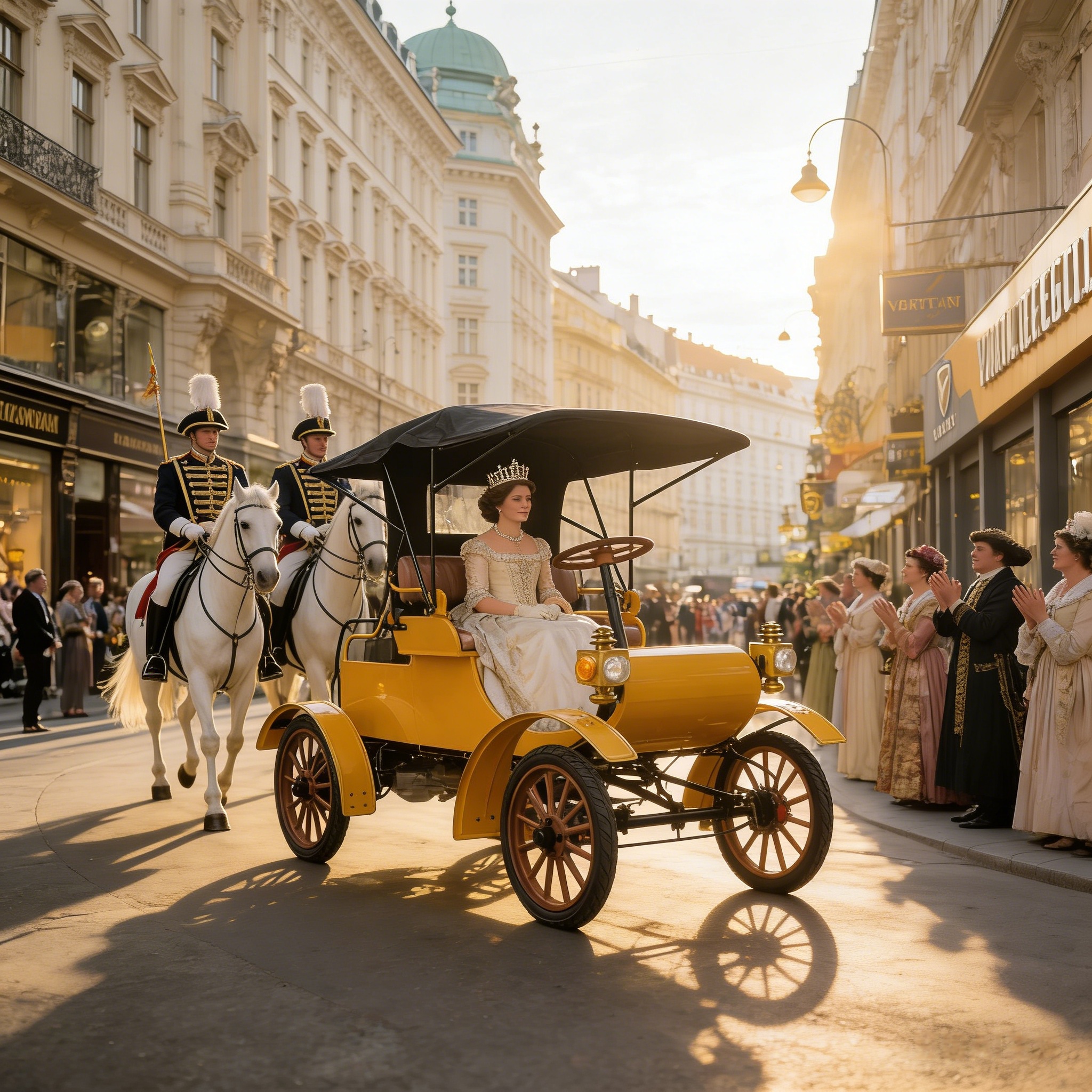 Coche antiguo de bienvenida el&eacute;ctrico retro amarillo: escena de transferencia de turismo cultural de alto nivel en las calles europeas (incluidos elementos de pasajeros con vestidos formales y escoltas de caballer&iacute;a)