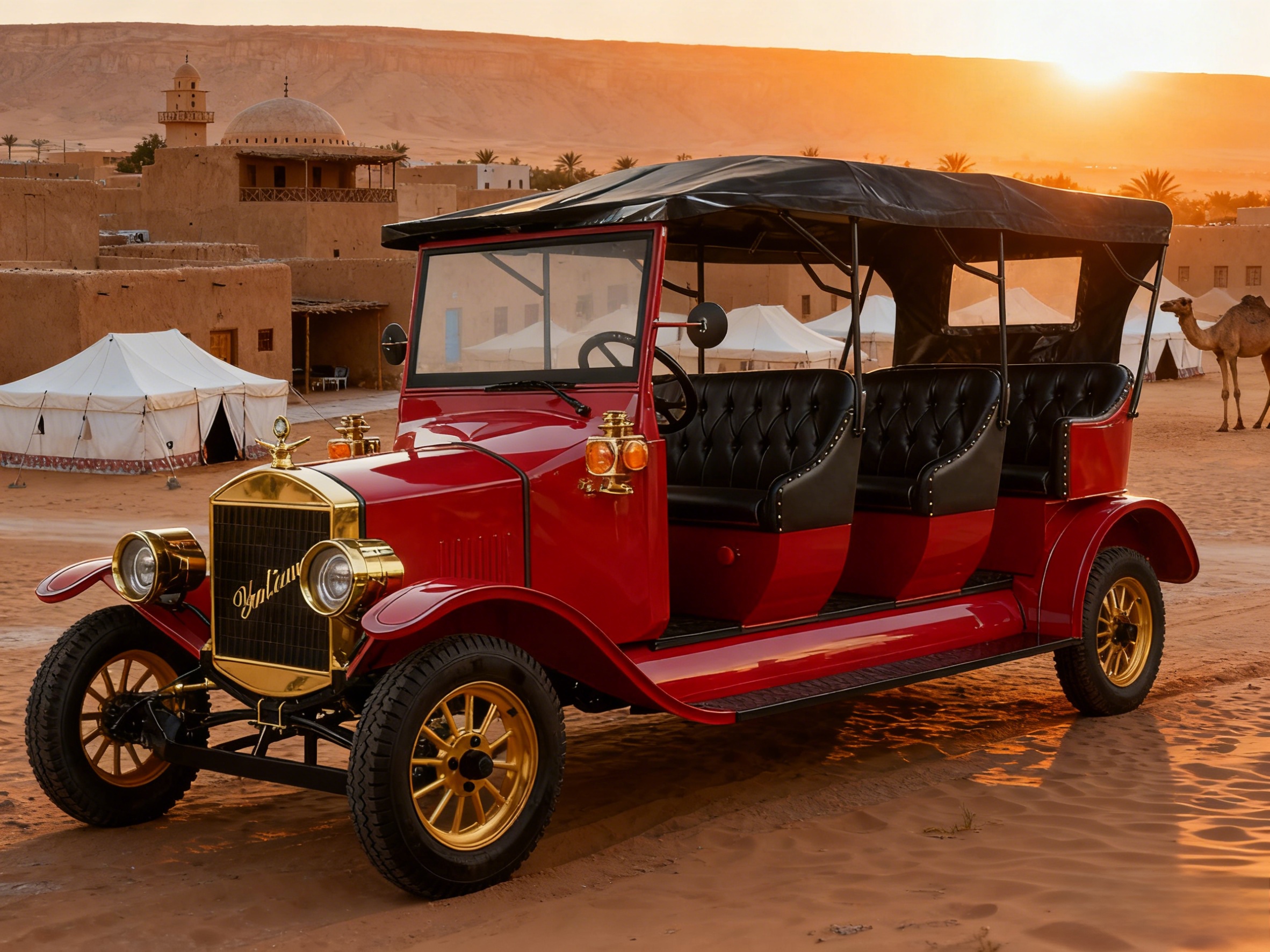 Coche tur&iacute;stico el&eacute;ctrico retro rojo y dorado YATIAN en el desierto del Medio Oriente Resort