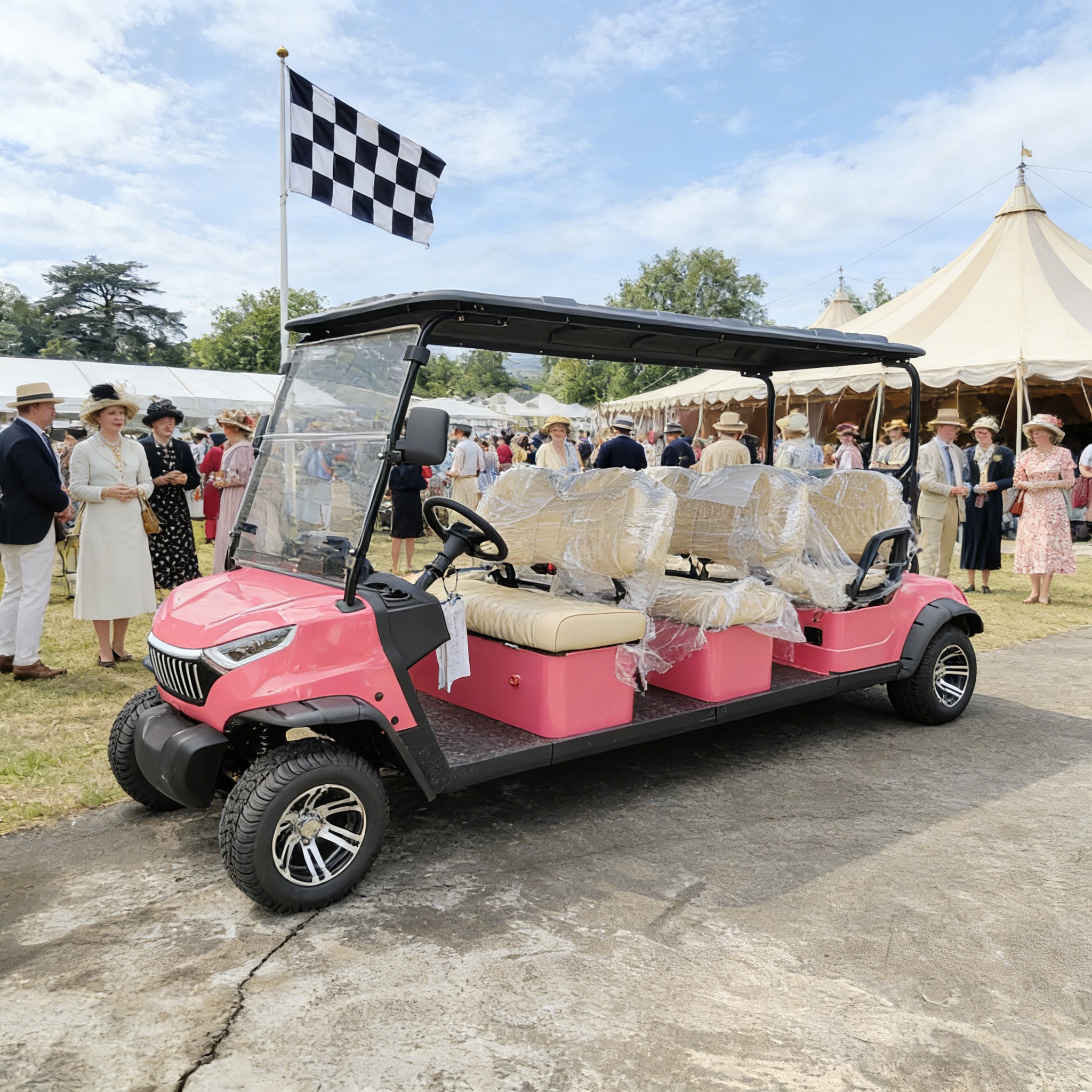 Carro de golf el&eacute;ctrico retro rosa de 6 asientos en un lugar de celebraci&oacute;n de bodas vintage de alta gama, que sirve como elegante servicio de transporte para invitados y lugar de registro fotogr&aacute;fico