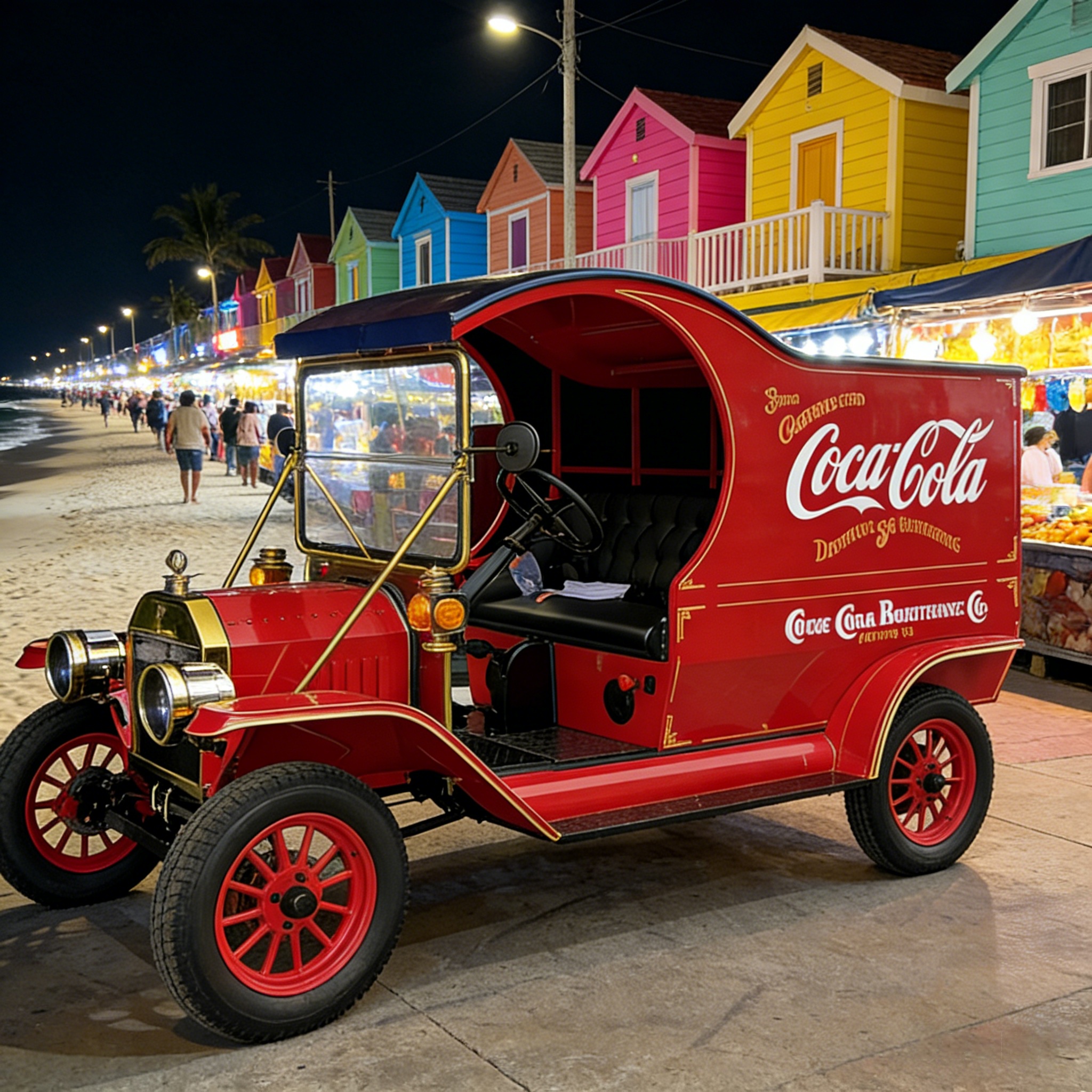 Cami&oacute;n de comida m&oacute;vil retro de Coca-Cola en un mercado nocturno de playa con casas coloridas