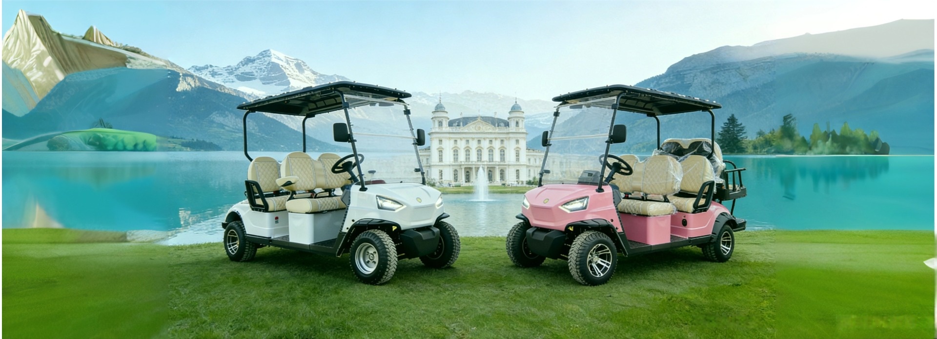 Dos carritos de golf el&eacute;ctricos (blanco y rosa) estacionados en un c&eacute;sped verde con un lago y una mansi&oacute;n hist&oacute;rica al fondo, mostrando soluciones de movilidad comercial de m&uacute;ltiples escenarios