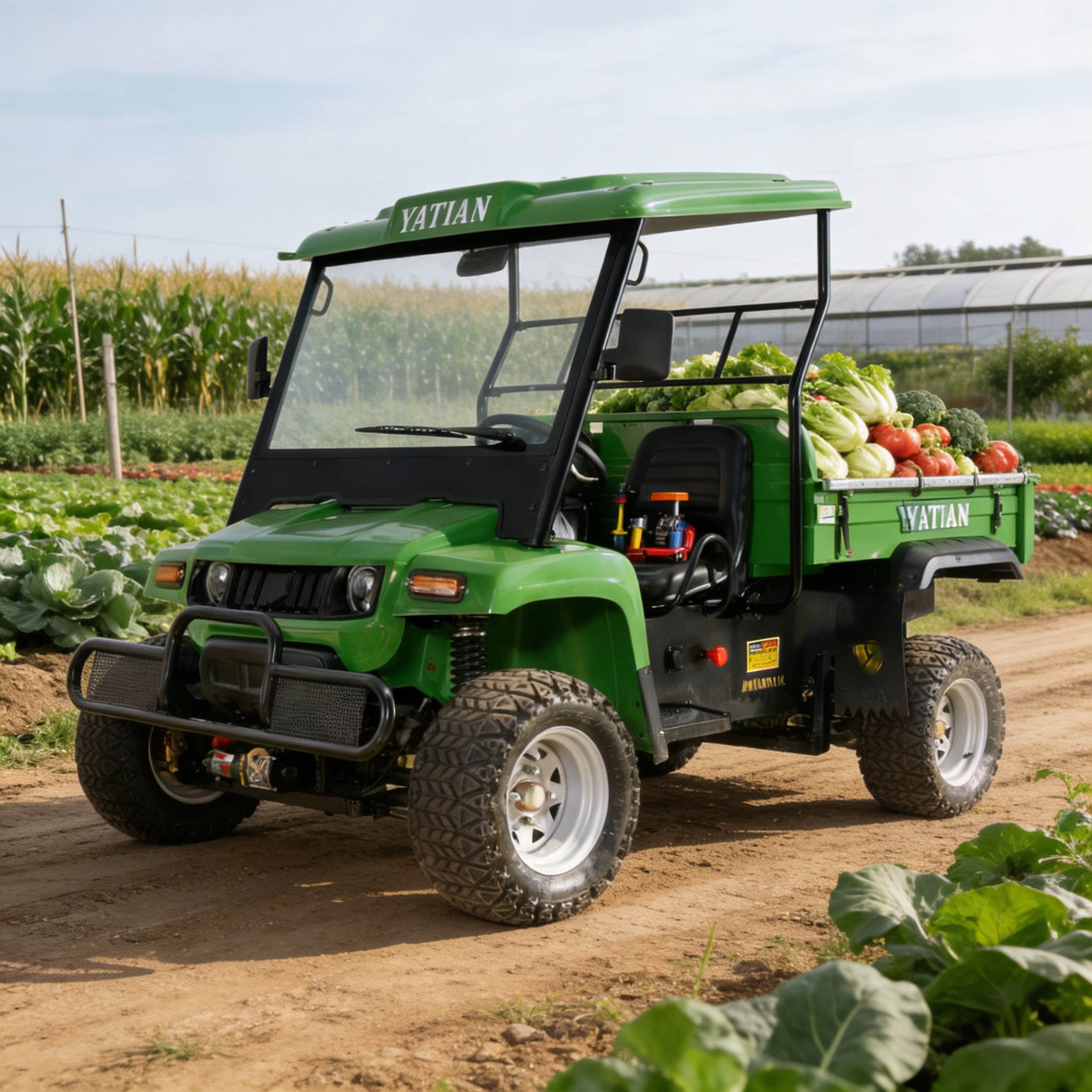 Veh&iacute;culo todo terreno Yatian UTV lado a lado que transporta verduras frescas en una granja