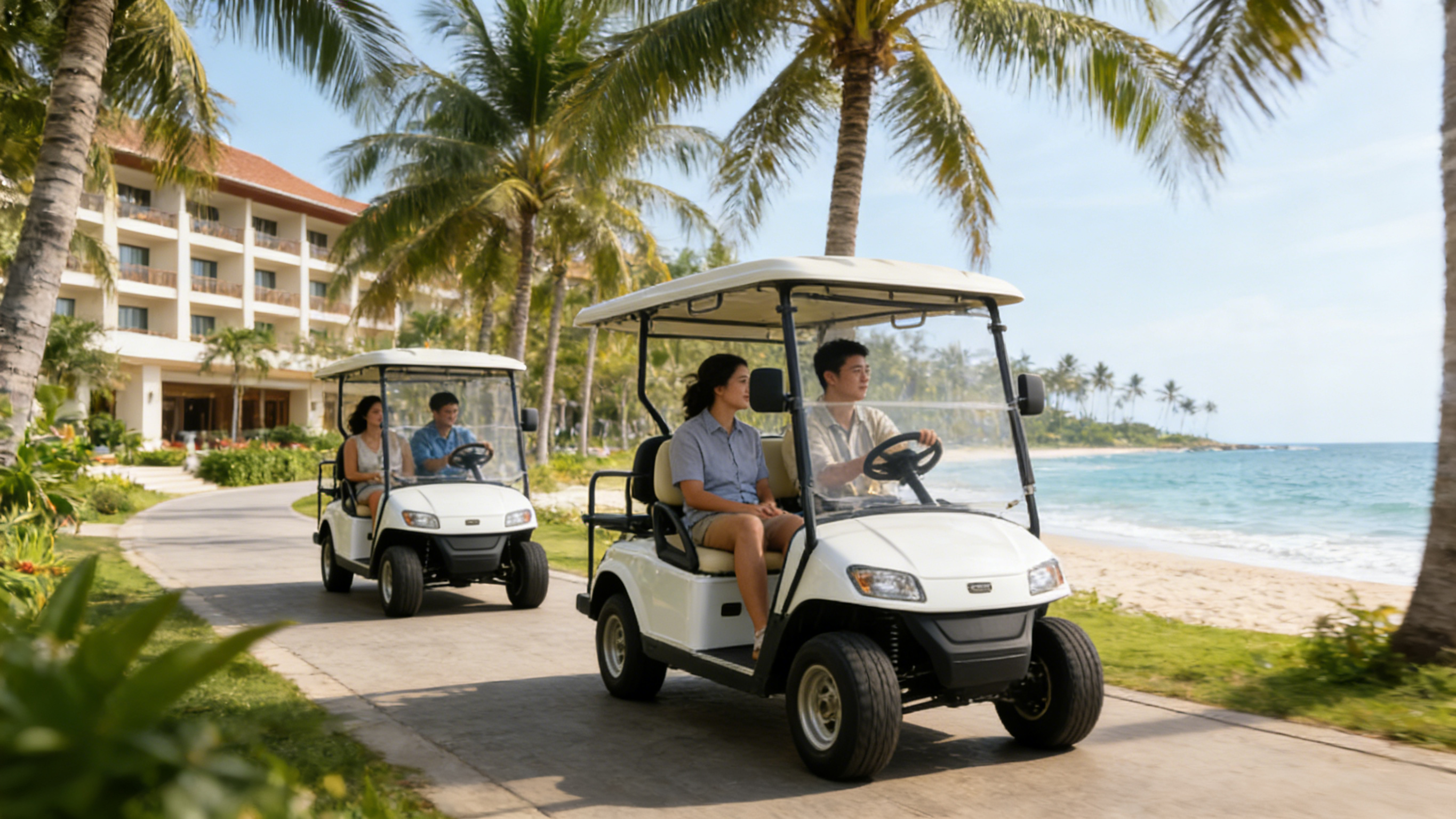 Carro de golf el&eacute;ctrico de 2 asientos para transporte en un resort en la playa de Tailandia