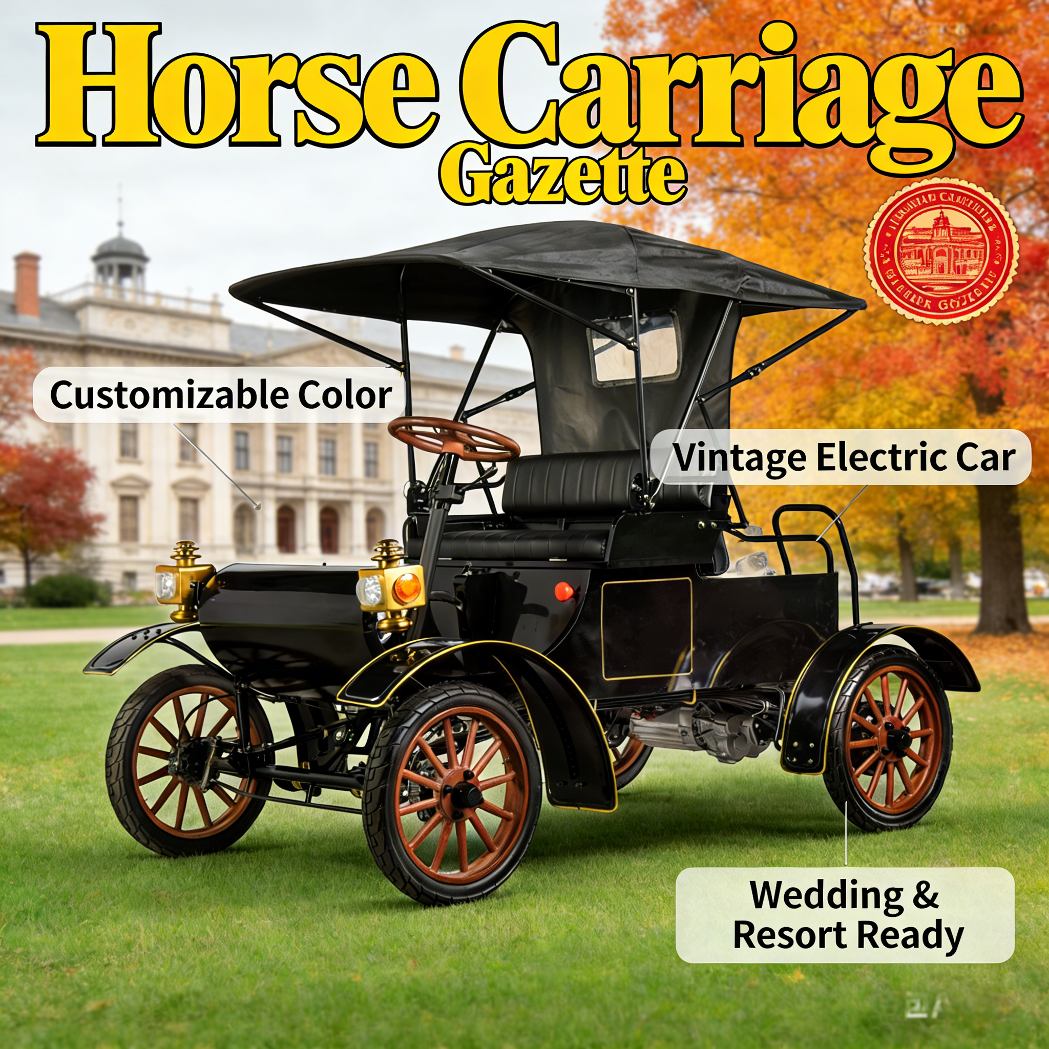 Coche eléctrico antiguo multiusos de tipo abierto de 1903 | Certificado CEE, totalmente personalizable para bodas y complejos turísticos